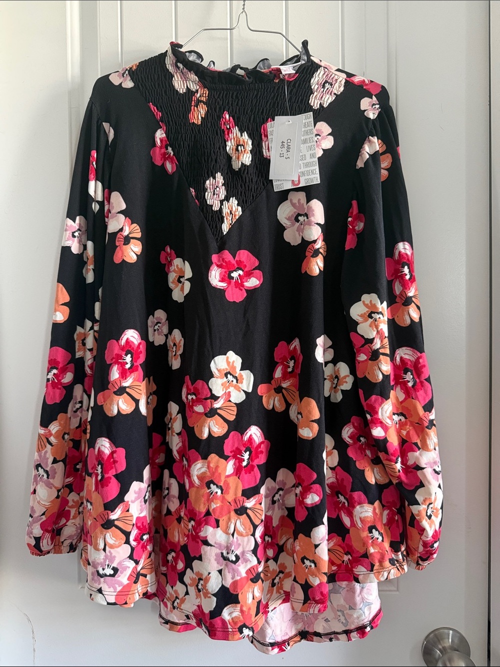 LuLaRoe Clara Small Black long Sleeve Top with Pink and Coral Floral Print